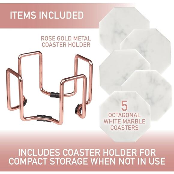NIB D'Eco White Carrara Marble Coasters & Rose Gold Coaster Holder, Set of 5 - Picture 13 of 13